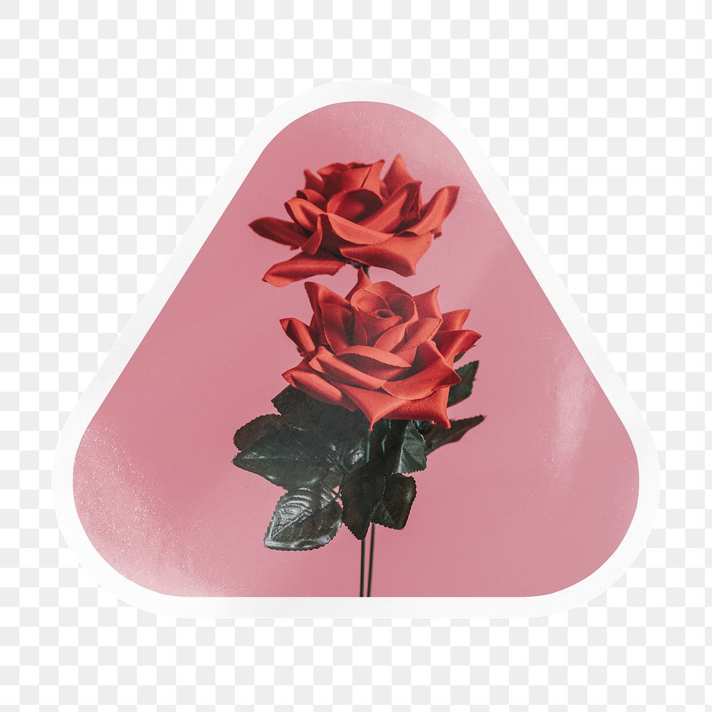 PNG aesthetic red rose label, triangle white border sticker in transparent background