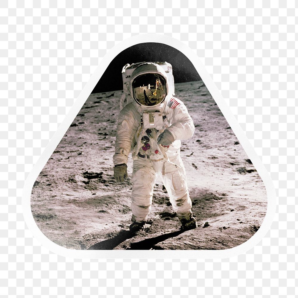 Astronaut png walking on the moon, printable triangle sticker in transparent background