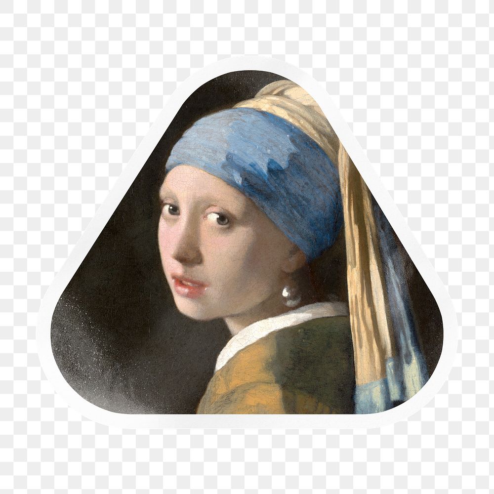 PNG Girl with a Pearl Earring by Johannes Vermeer, painting sticker in triangle shape outline in transparent background…