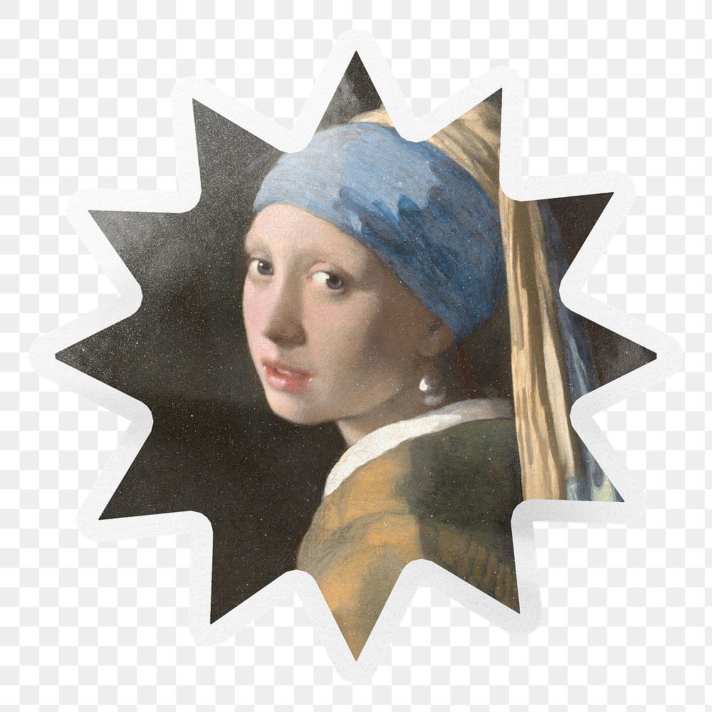 PNG Girl with a Pearl Earring by Johannes Vermeer, painting sticker in starburst shape outline in transparent background…