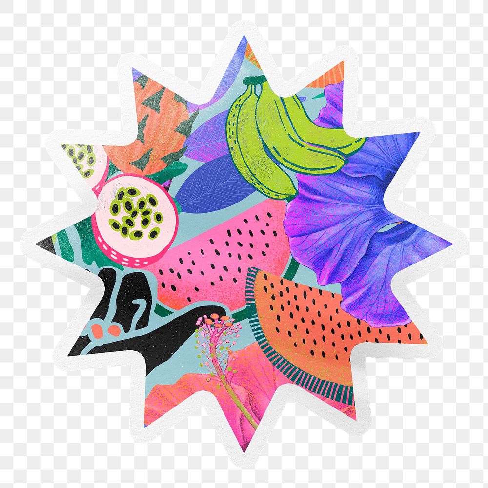 Tropical png summer illustration sticker, starburst with white border in transparent background