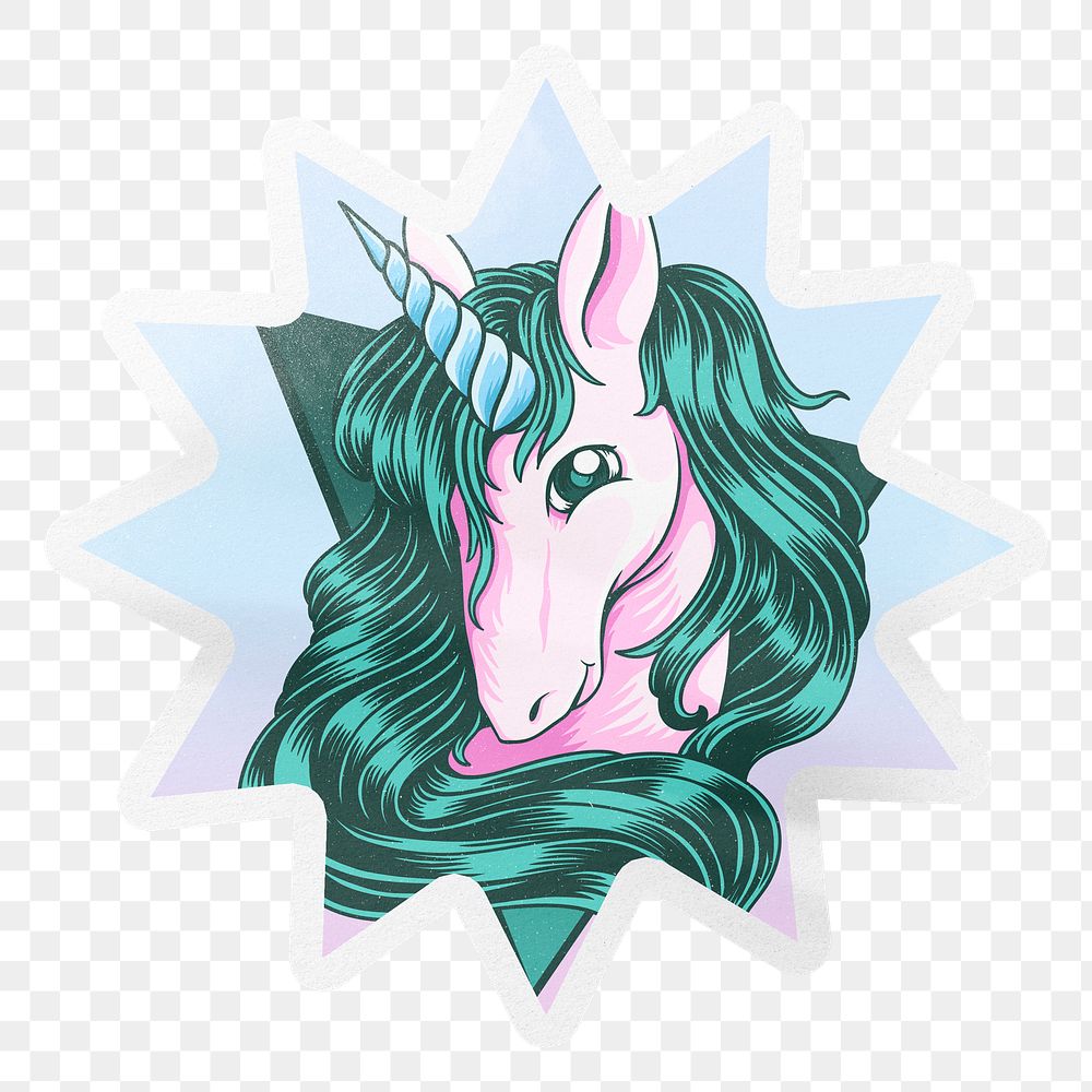 Cute png unicorn, starburst clipart with white border, transparent background