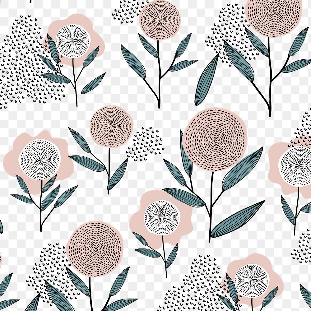 Pink flower png pattern, feminine doodle, transparent background