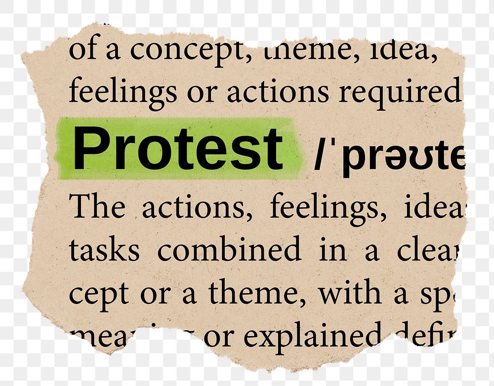 Protest png word sticker, torn paper dictionary, transparent background