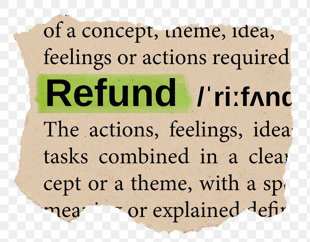 Refund png word sticker, torn paper dictionary, transparent background