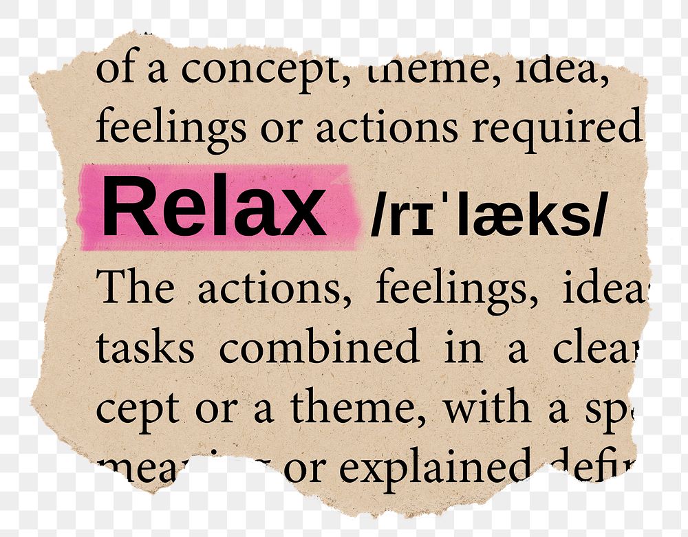 Relax png word sticker, torn paper dictionary, transparent background