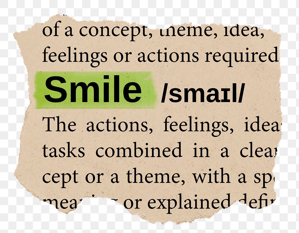 Smile png word sticker, torn paper dictionary, transparent background