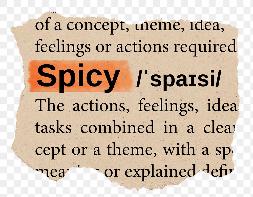 Spicy png word sticker, torn paper dictionary, transparent background
