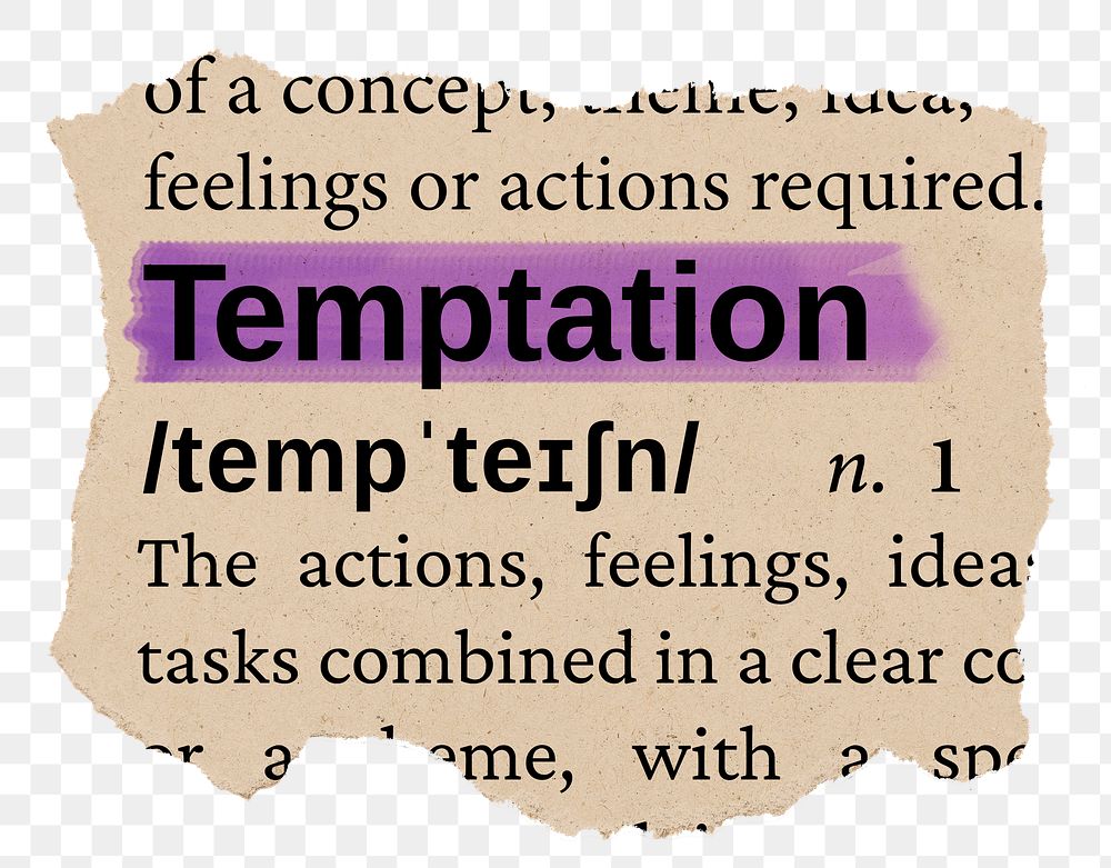Temptation png word sticker, torn paper dictionary, transparent background