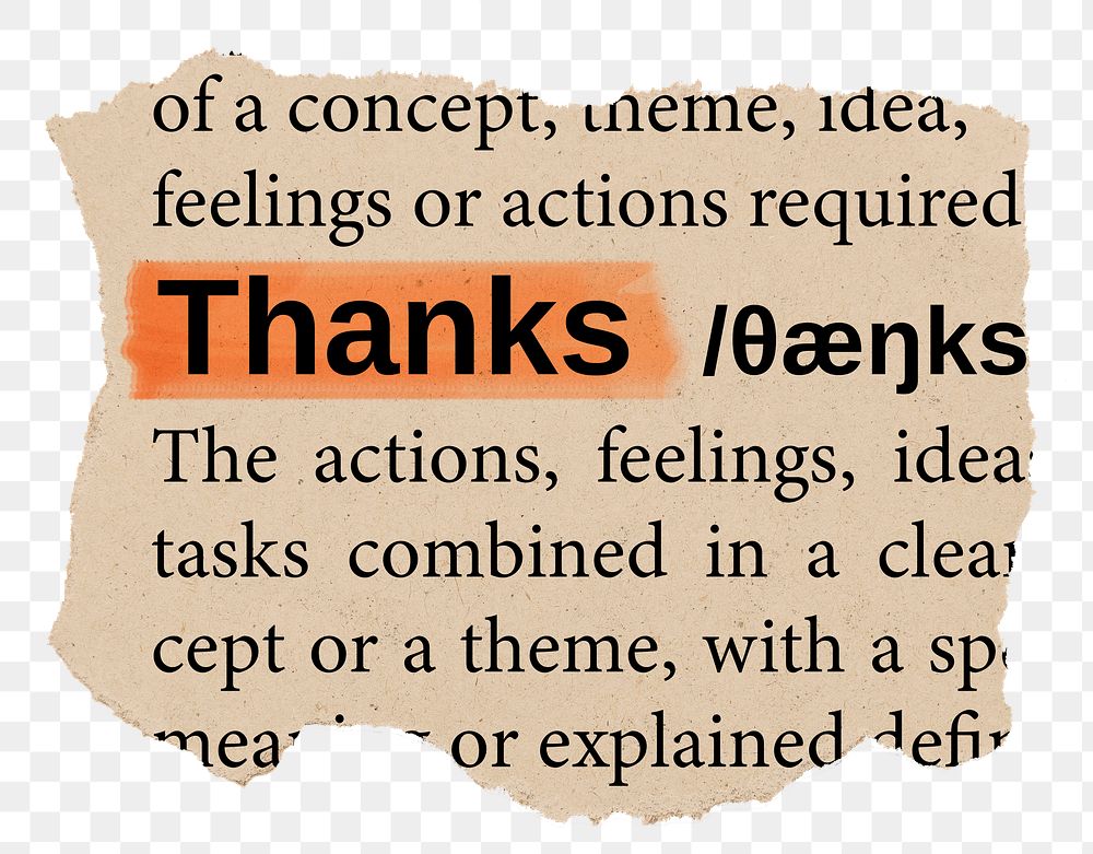 Thanks png word sticker, torn paper dictionary, transparent background