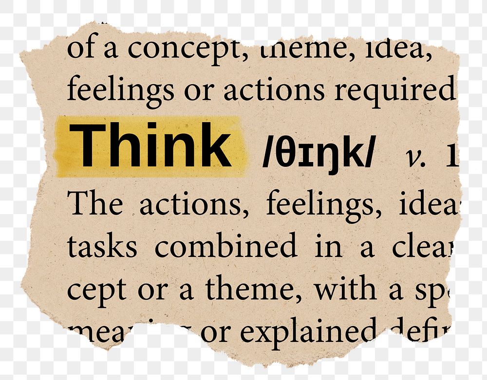 Think png word sticker, torn paper dictionary, transparent background