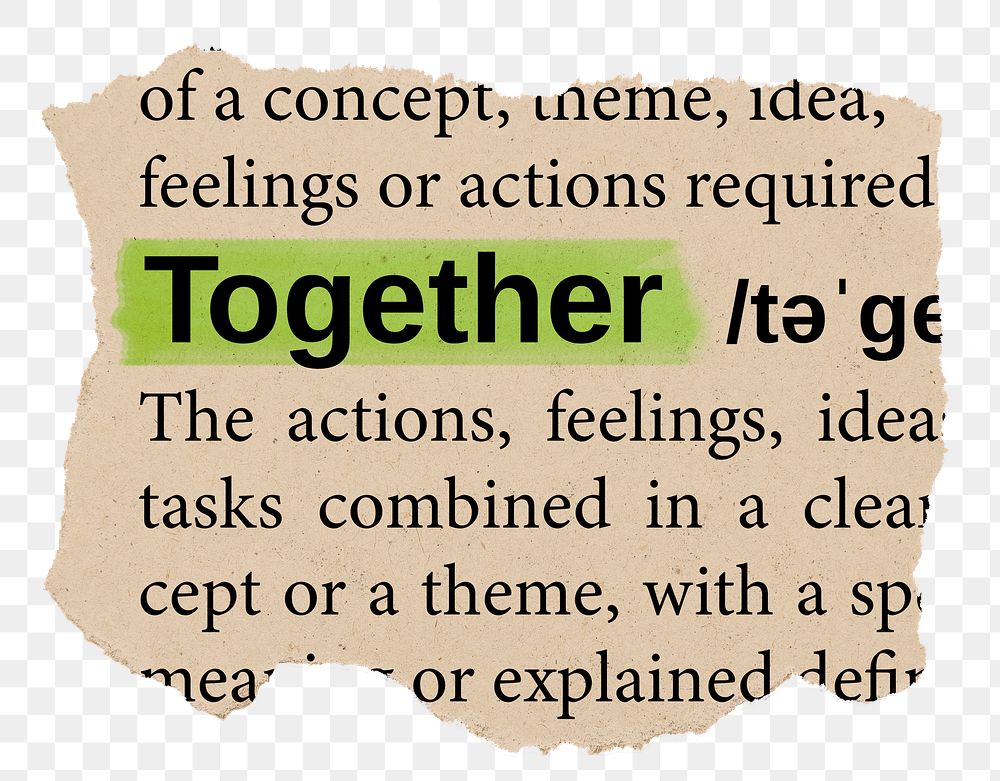 Together png word sticker, torn paper dictionary, transparent background