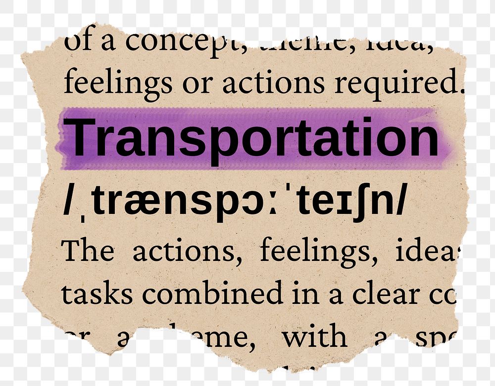 Transportation png word sticker, torn paper dictionary, transparent background