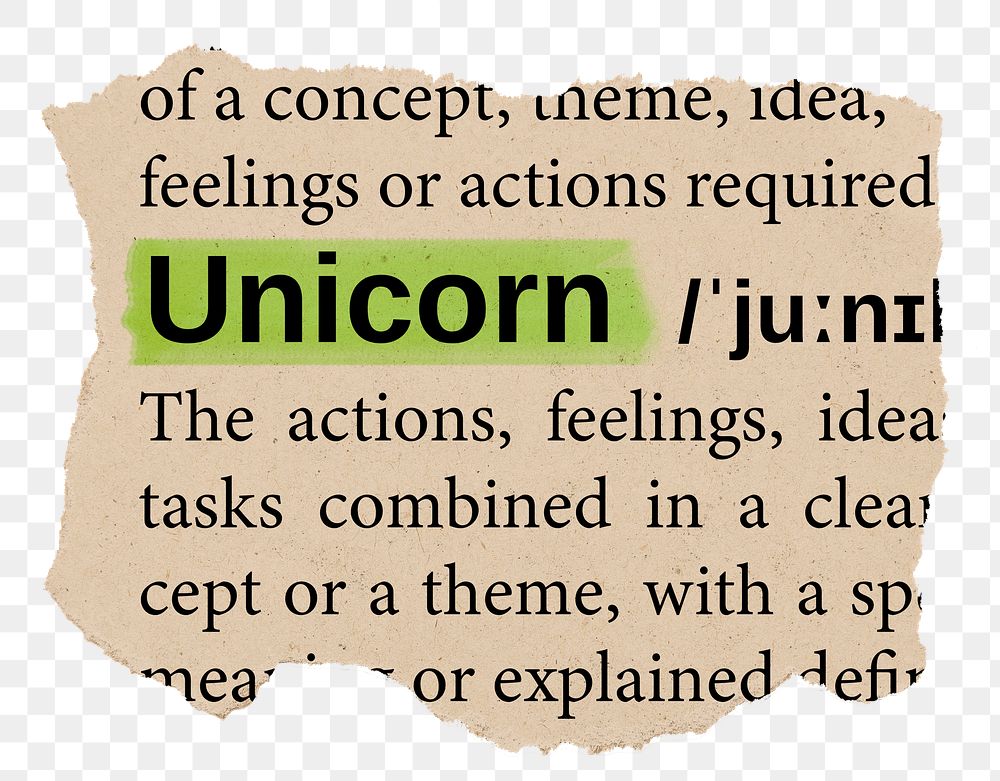 Unicorn png word sticker, torn paper dictionary, transparent background