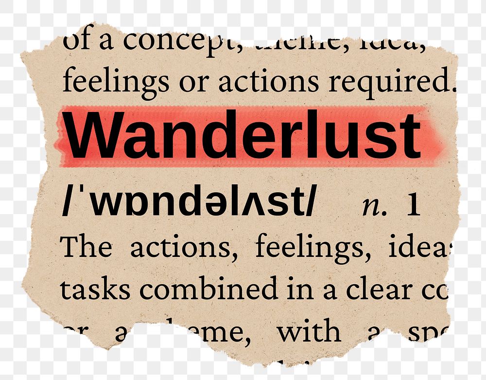 Wanderlust png word sticker, torn paper dictionary, transparent background