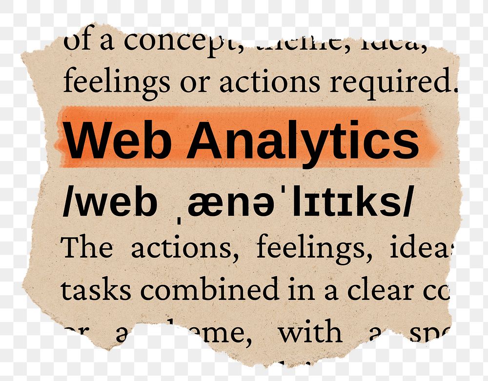 Web analytics png word sticker, torn paper dictionary, transparent background