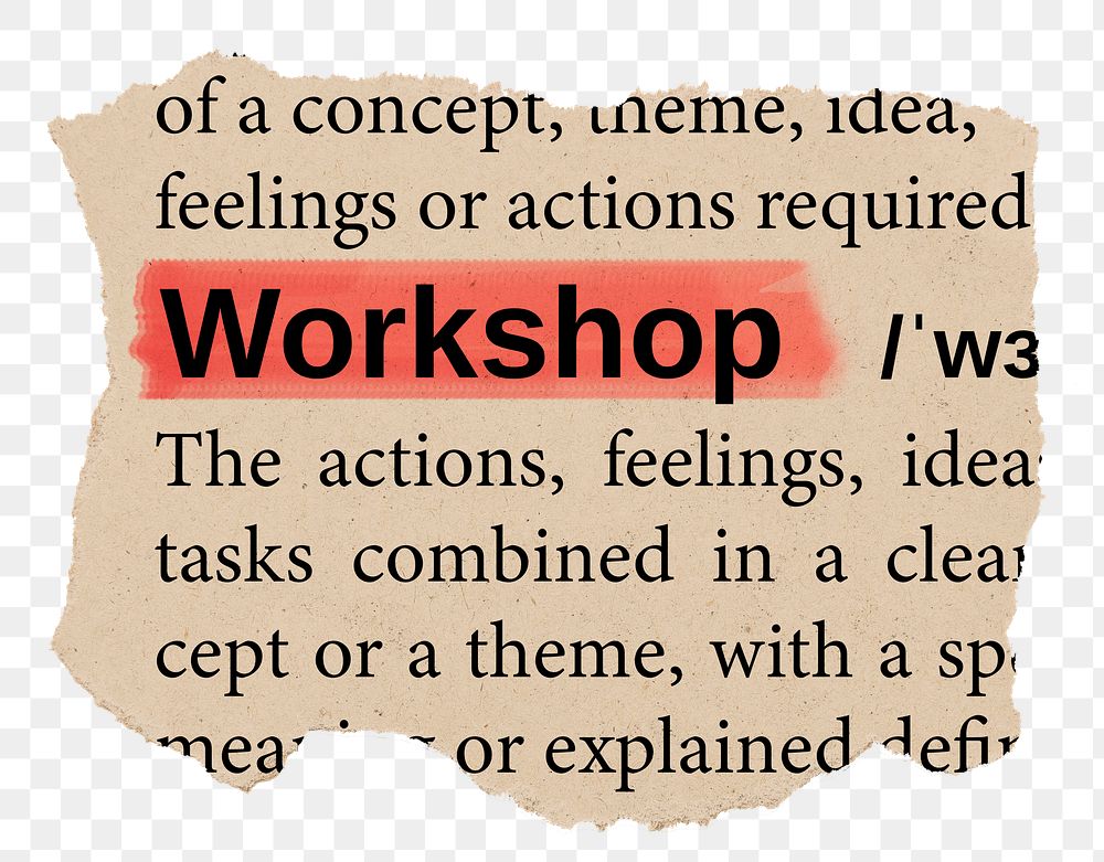 Workshop png word sticker, torn paper dictionary, transparent background