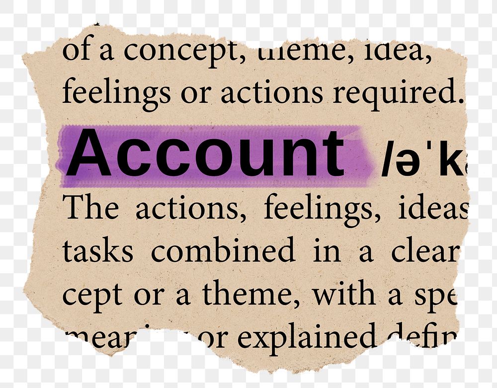 Account png word sticker, torn paper dictionary, transparent background
