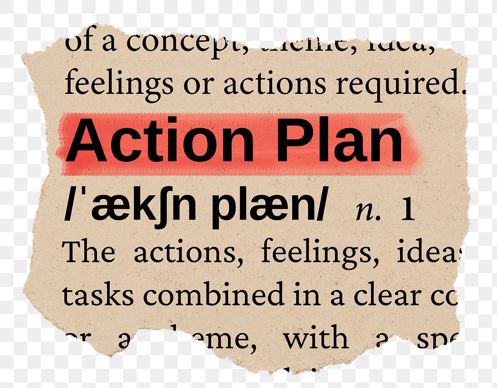 Action plan png word sticker, torn paper dictionary, transparent background