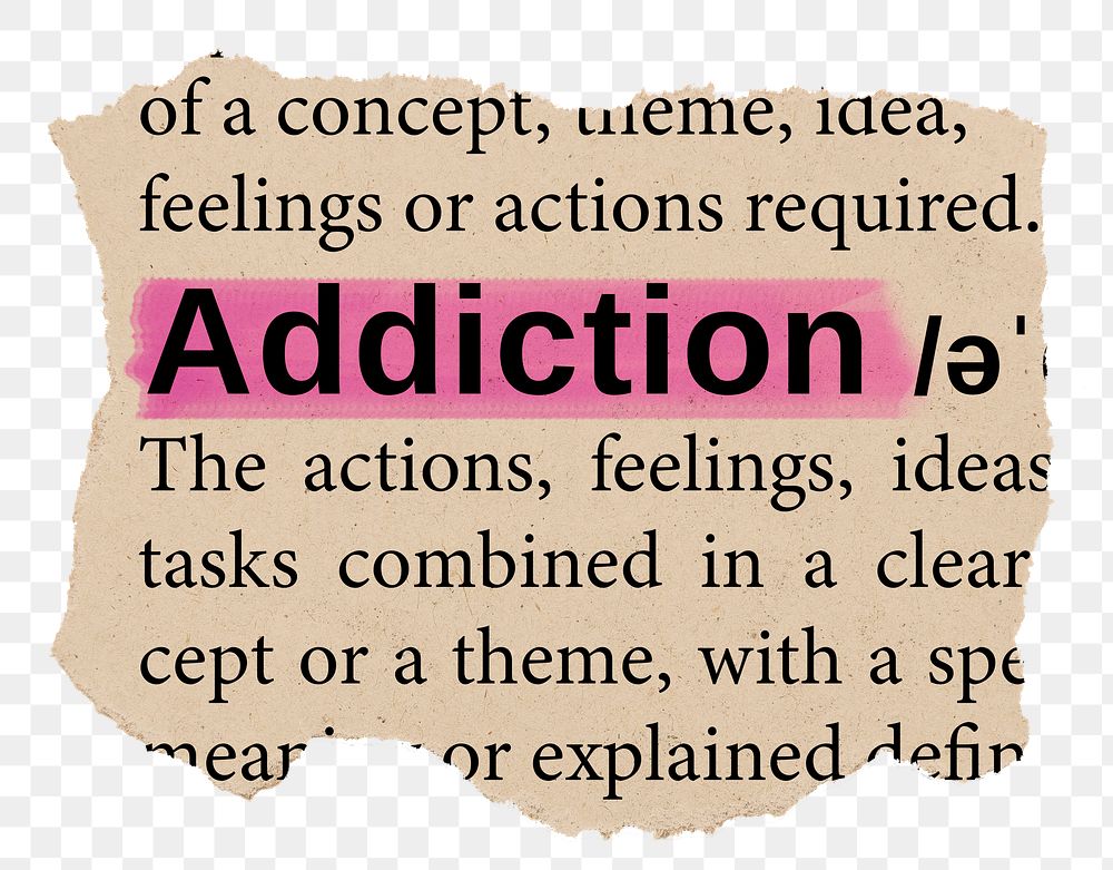 Addiction png word sticker, torn paper dictionary, transparent background