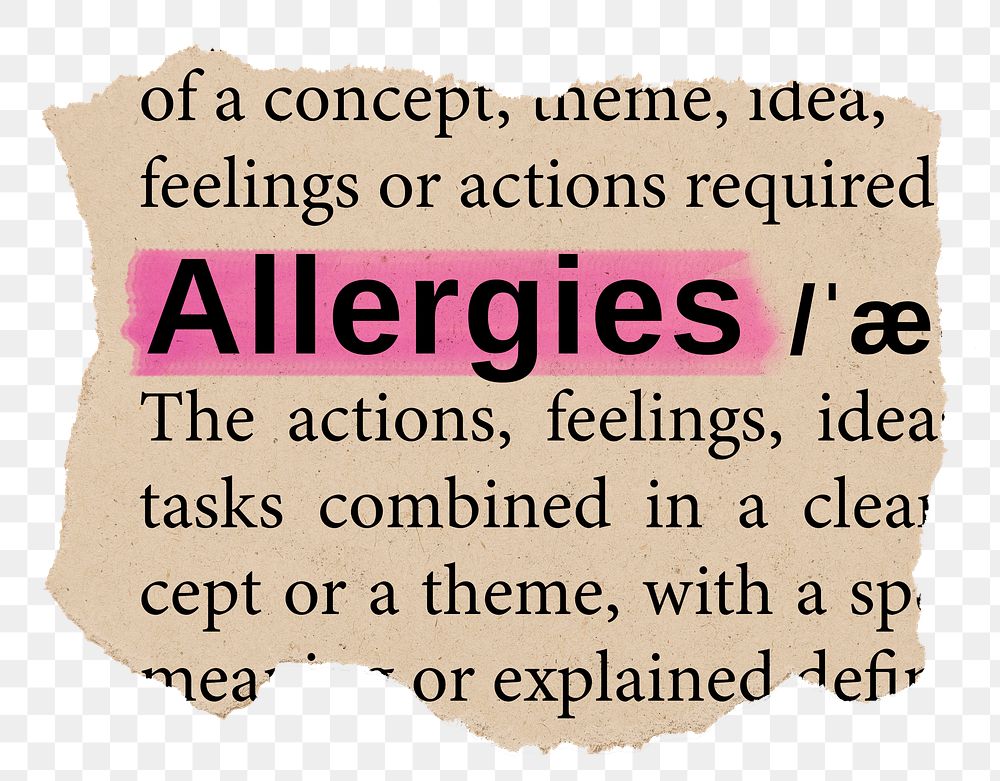 Allergies png word sticker, torn paper dictionary, transparent background