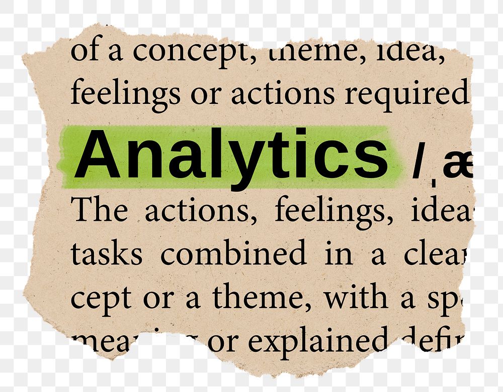 Analytics png word sticker, torn paper dictionary, transparent background