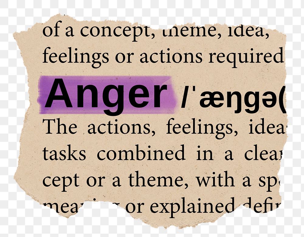 Anger png word sticker, torn paper dictionary, transparent background