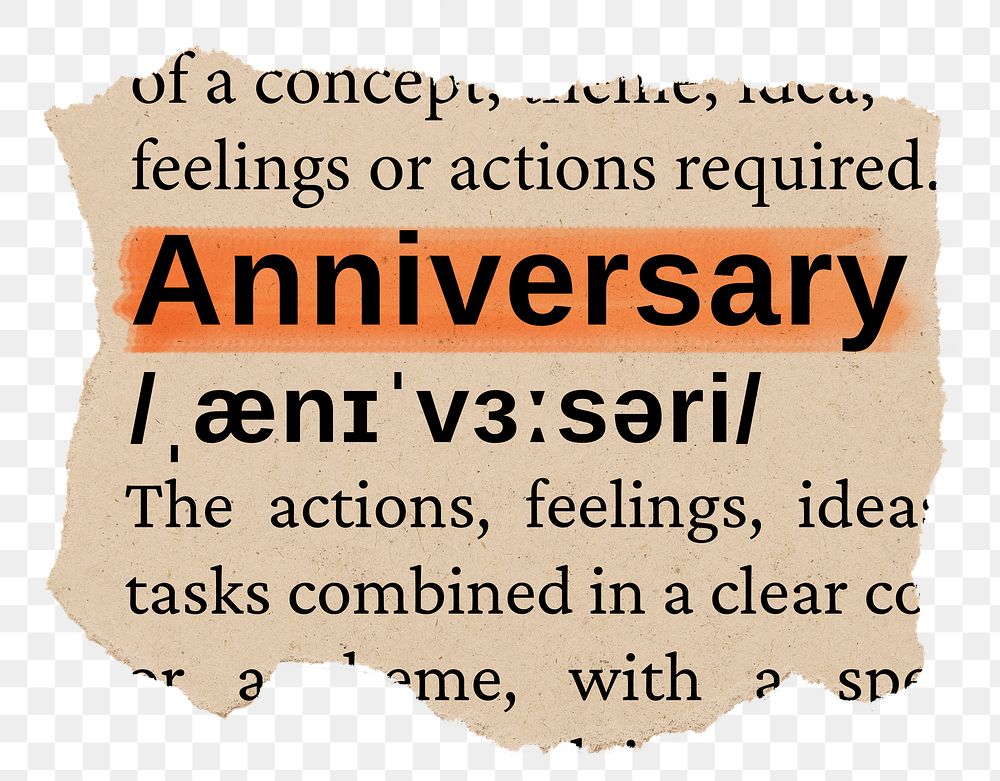 Anniversary png word sticker, torn paper dictionary, transparent background