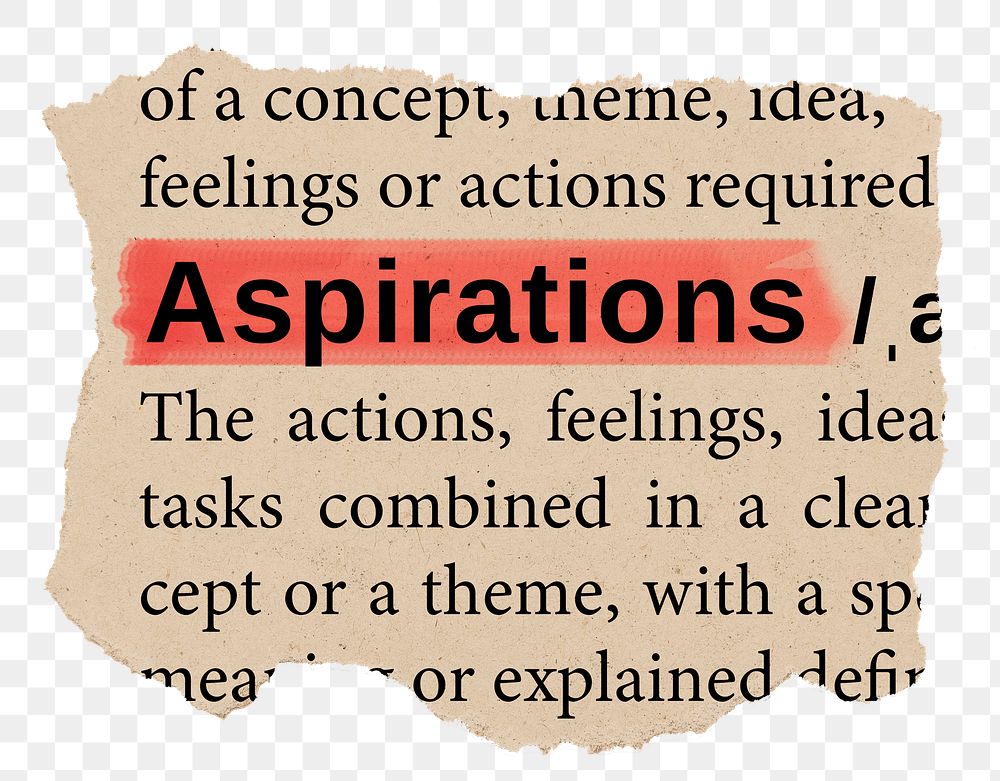 Aspirations png word sticker, torn paper dictionary, transparent background
