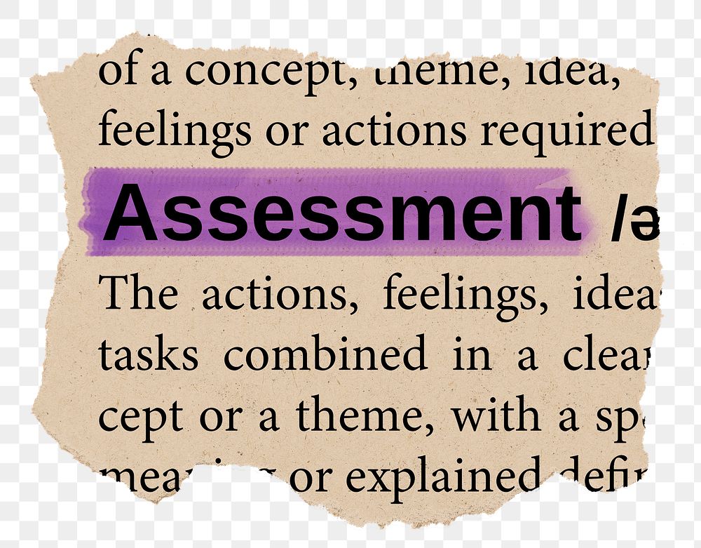 Assessment png word sticker, torn paper dictionary, transparent background