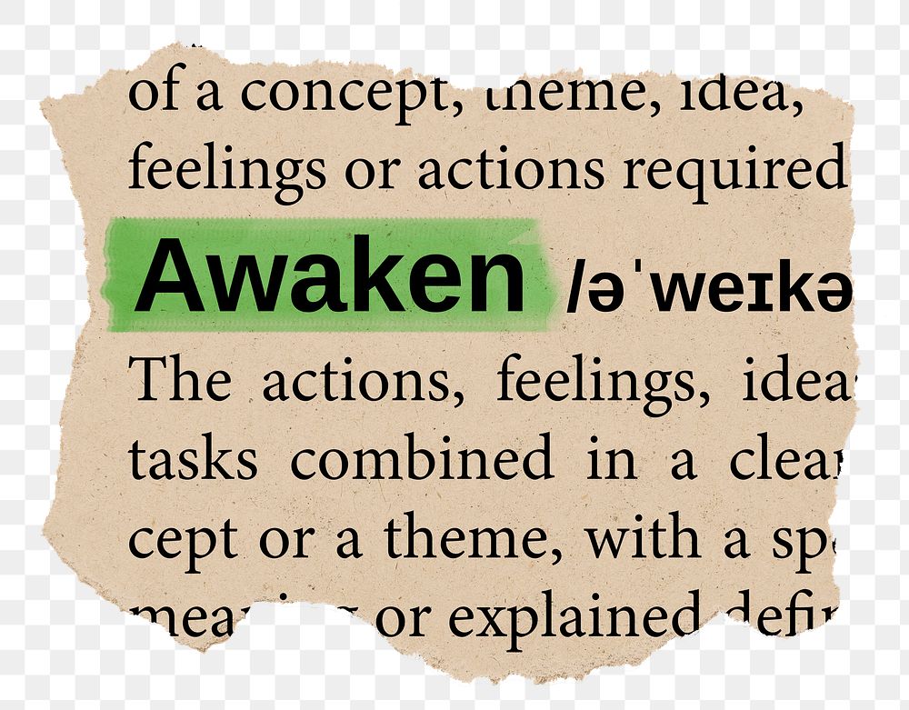 Awaken png word sticker, torn paper dictionary, transparent background