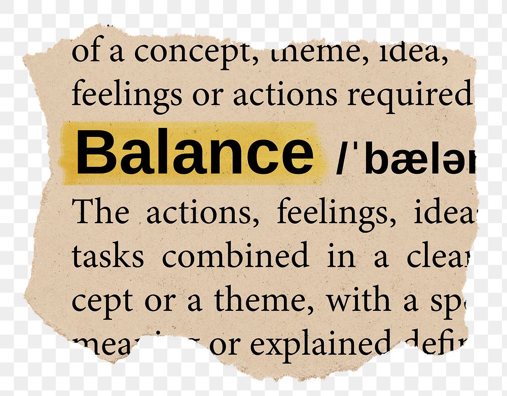 Balance png word sticker, torn paper dictionary, transparent background