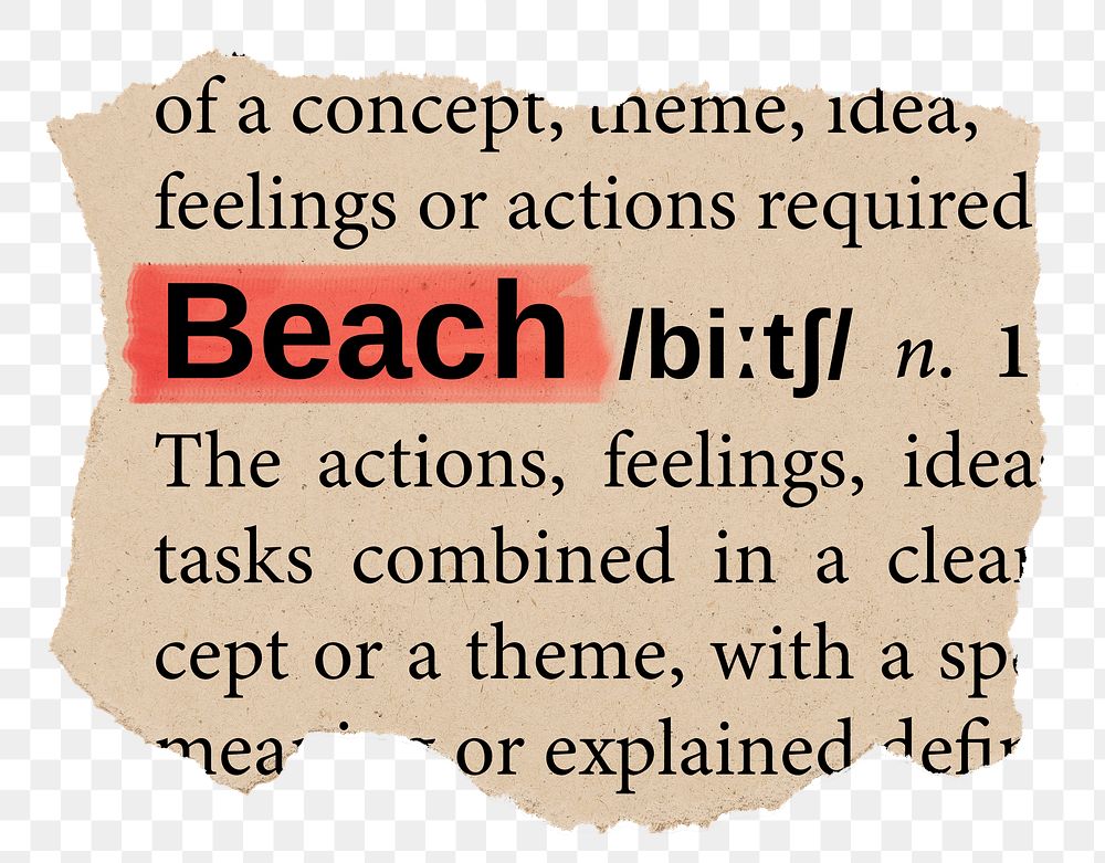 Beach png word sticker, torn paper dictionary, transparent background