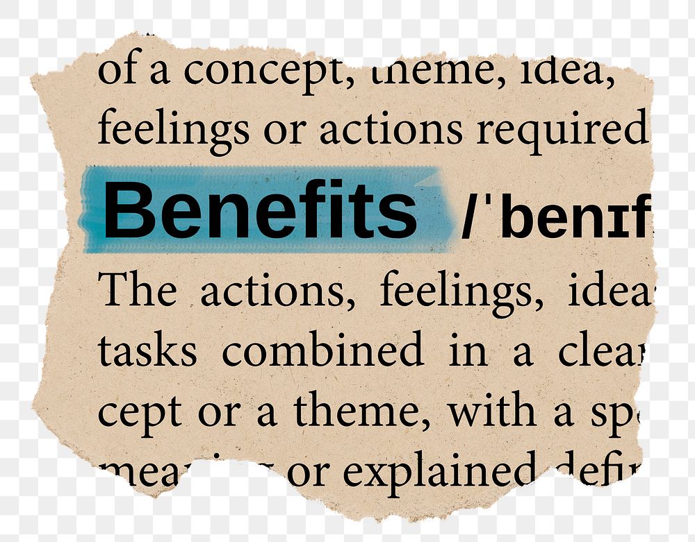 Benefits png word sticker, torn paper dictionary, transparent background