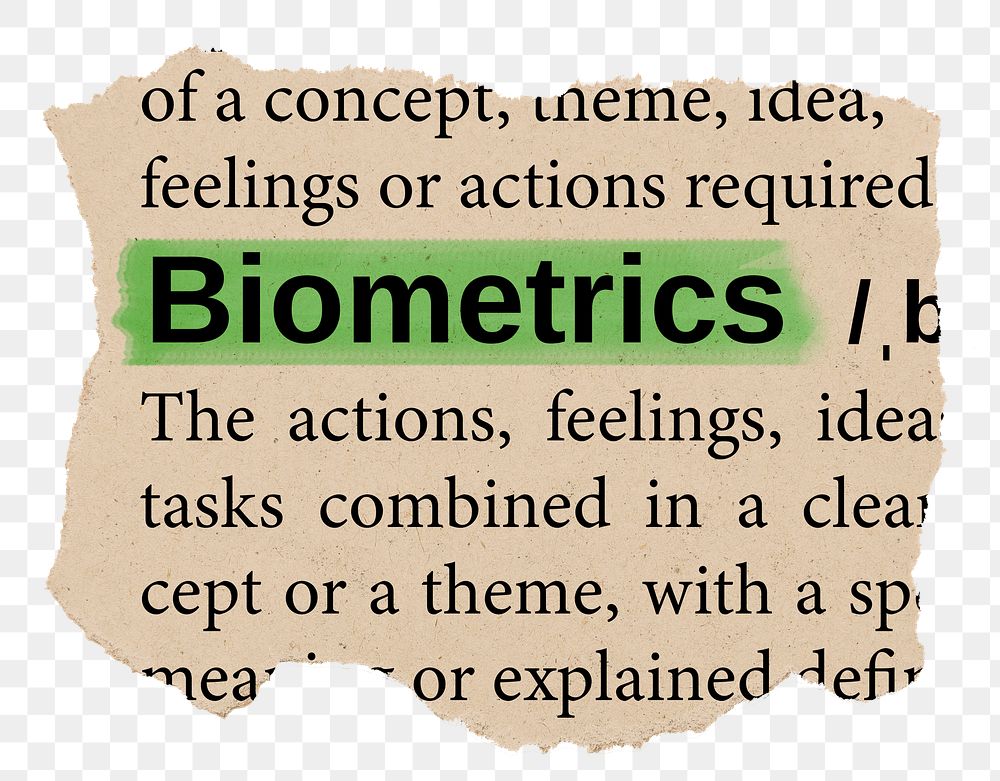 Biometrics png word sticker, torn paper dictionary, transparent background