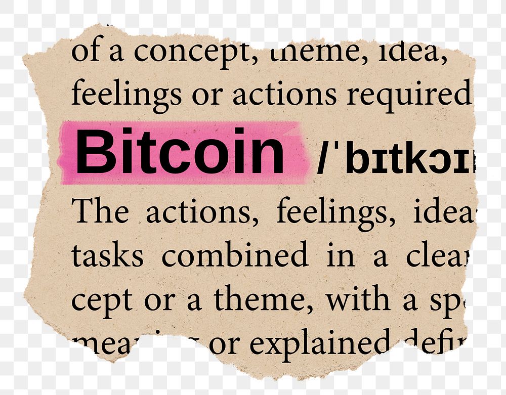 Bitcoin png word sticker, torn paper dictionary, transparent background