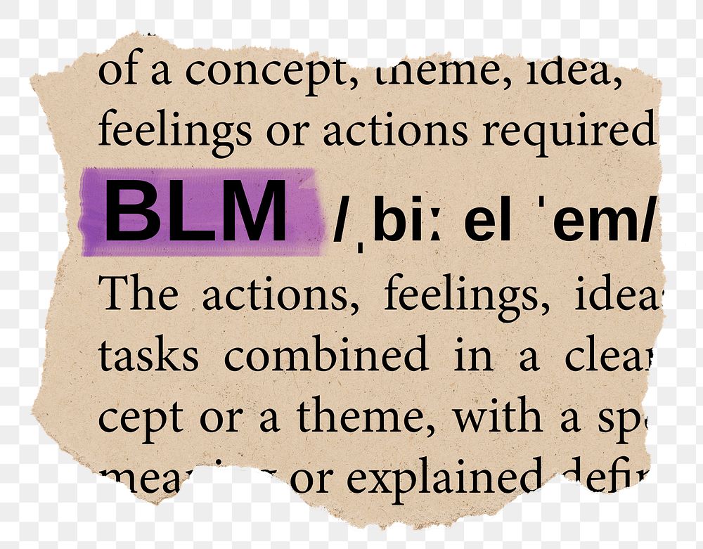 BLM png word sticker, torn paper dictionary, transparent background