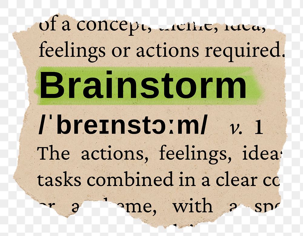 Brainstorm png word sticker, torn paper dictionary, transparent background