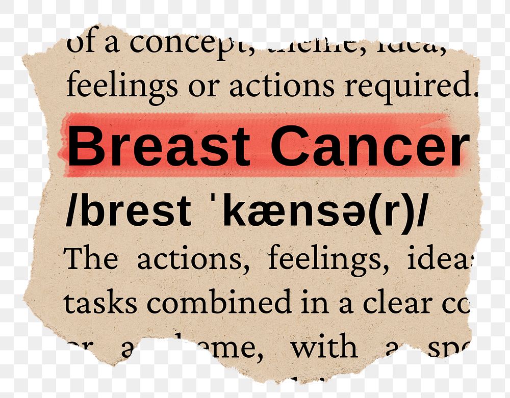 Breast cancer png word sticker, torn paper dictionary, transparent background