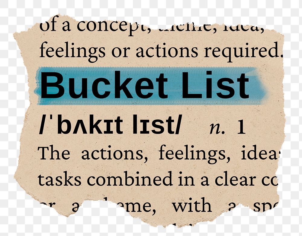 Bucket list png word sticker, torn paper dictionary, transparent background