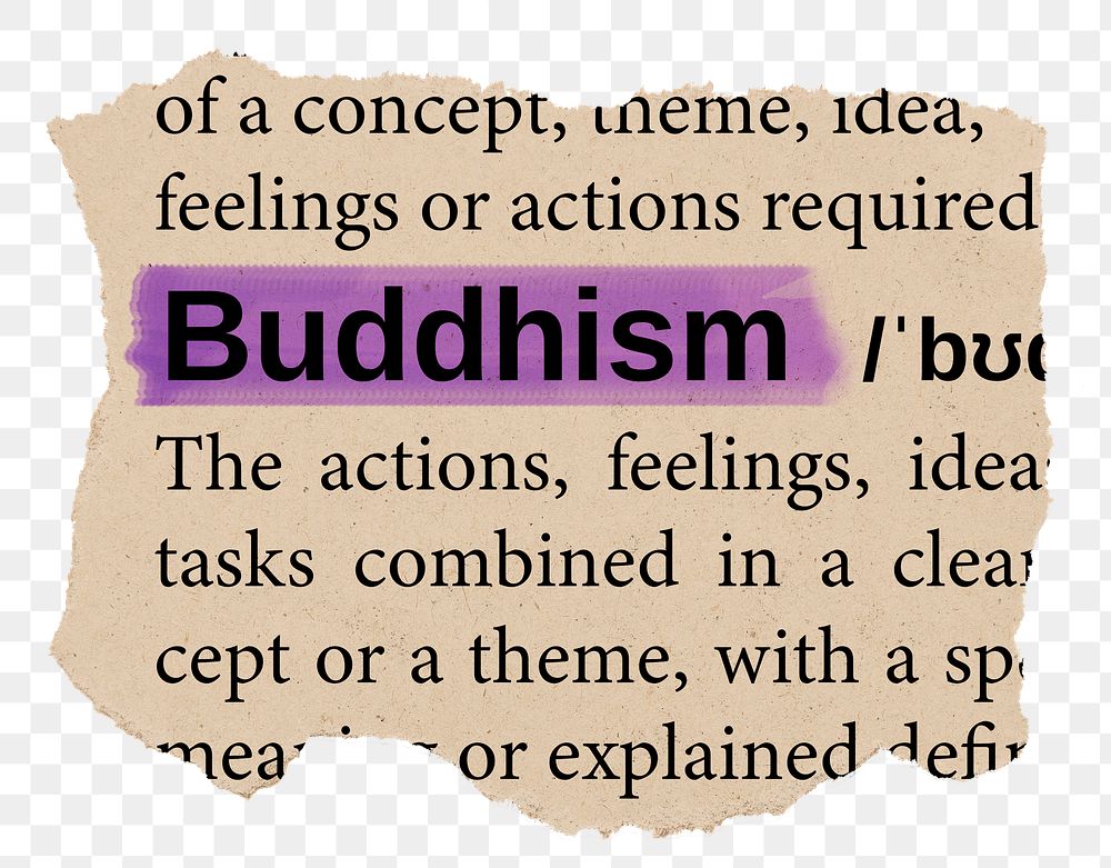 Buddhism png word sticker, torn paper dictionary, transparent background