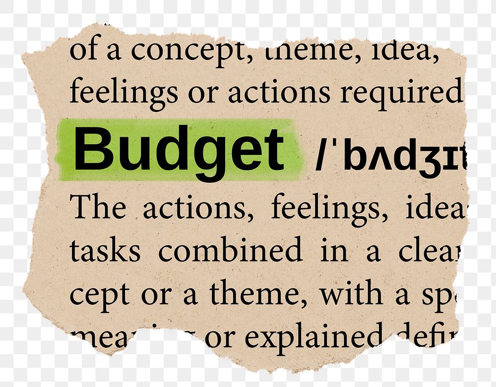 Budget png word sticker, torn paper dictionary, transparent background