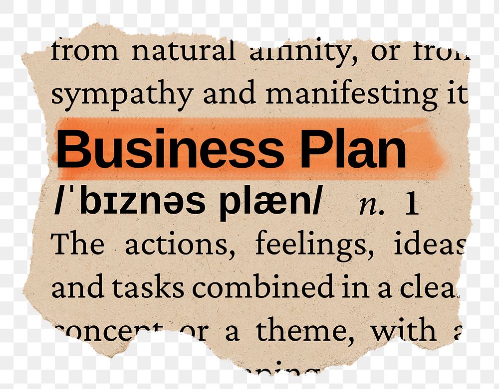 Business plan png word sticker, torn paper dictionary, transparent background