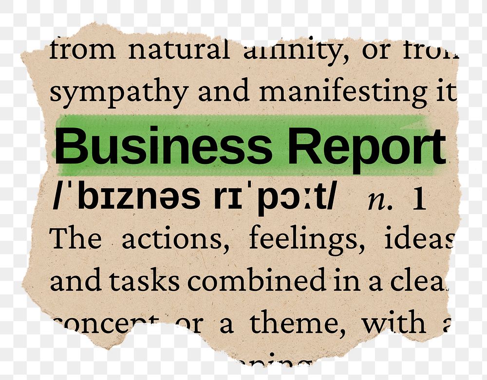 Business report png word sticker, torn paper dictionary, transparent background