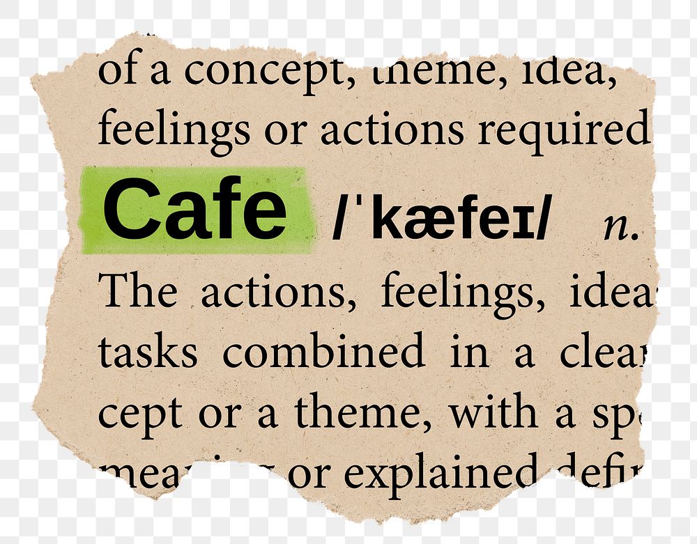 Cafe png word sticker, torn paper dictionary, transparent background