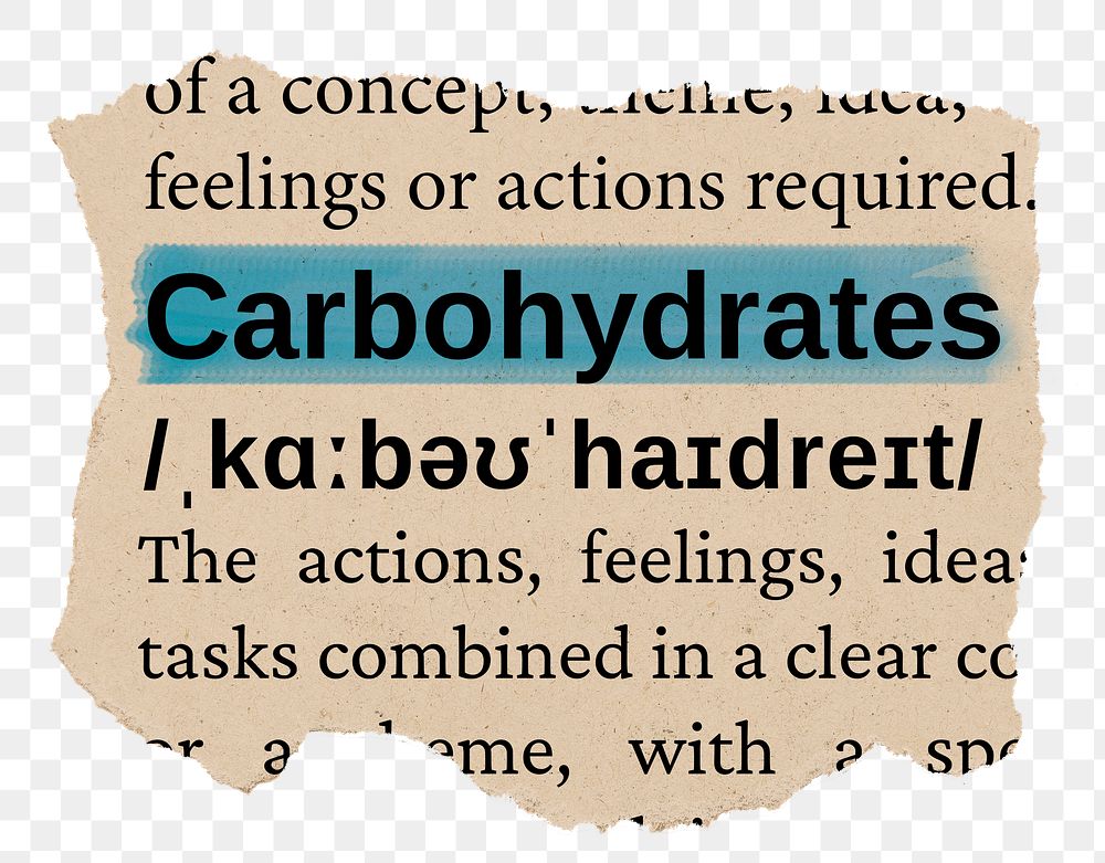 Carbohydrates png word sticker, torn paper dictionary, transparent background