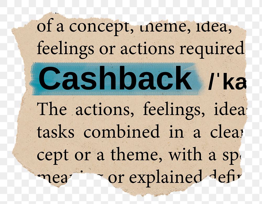 Cashback png word sticker, torn paper dictionary, transparent background