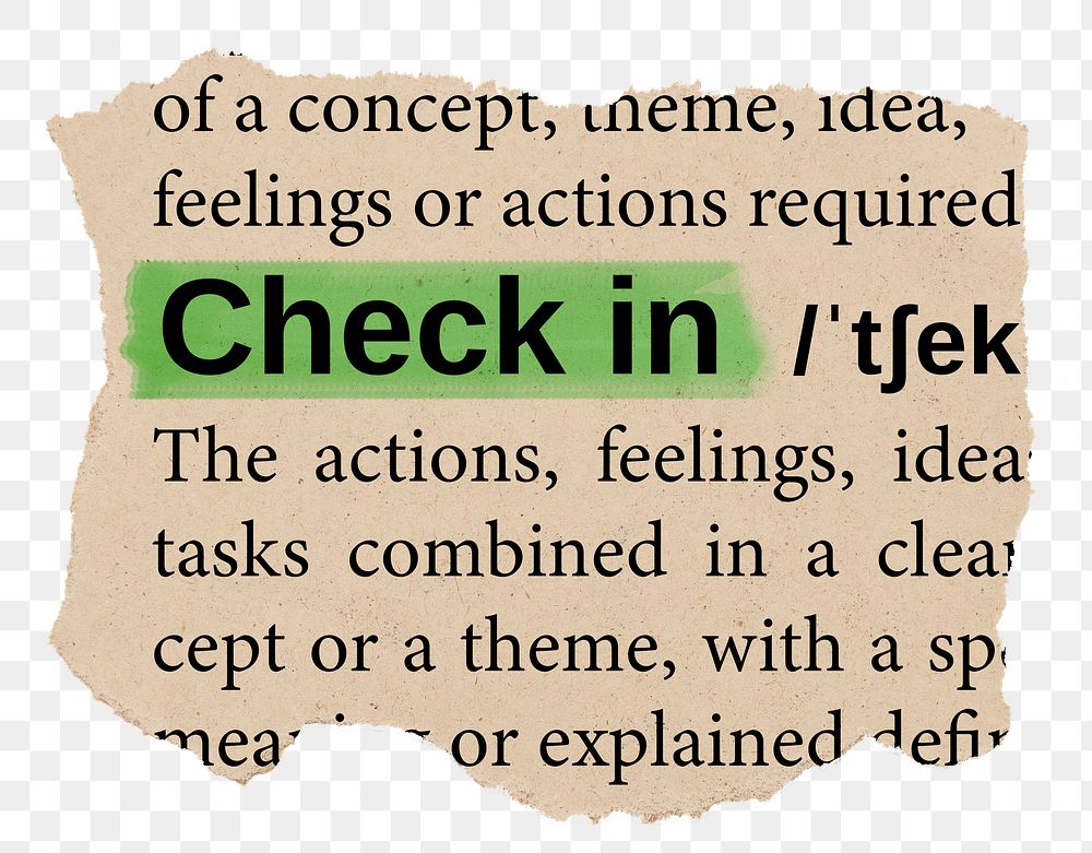 Check in png word sticker, torn paper dictionary, transparent background