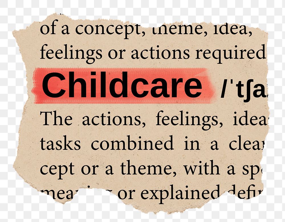 Childcare png word sticker, torn paper dictionary, transparent background