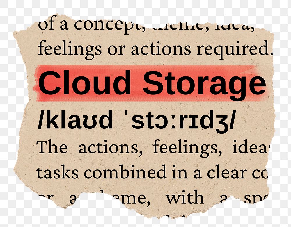 Cloud storage png word sticker, torn paper dictionary, transparent background